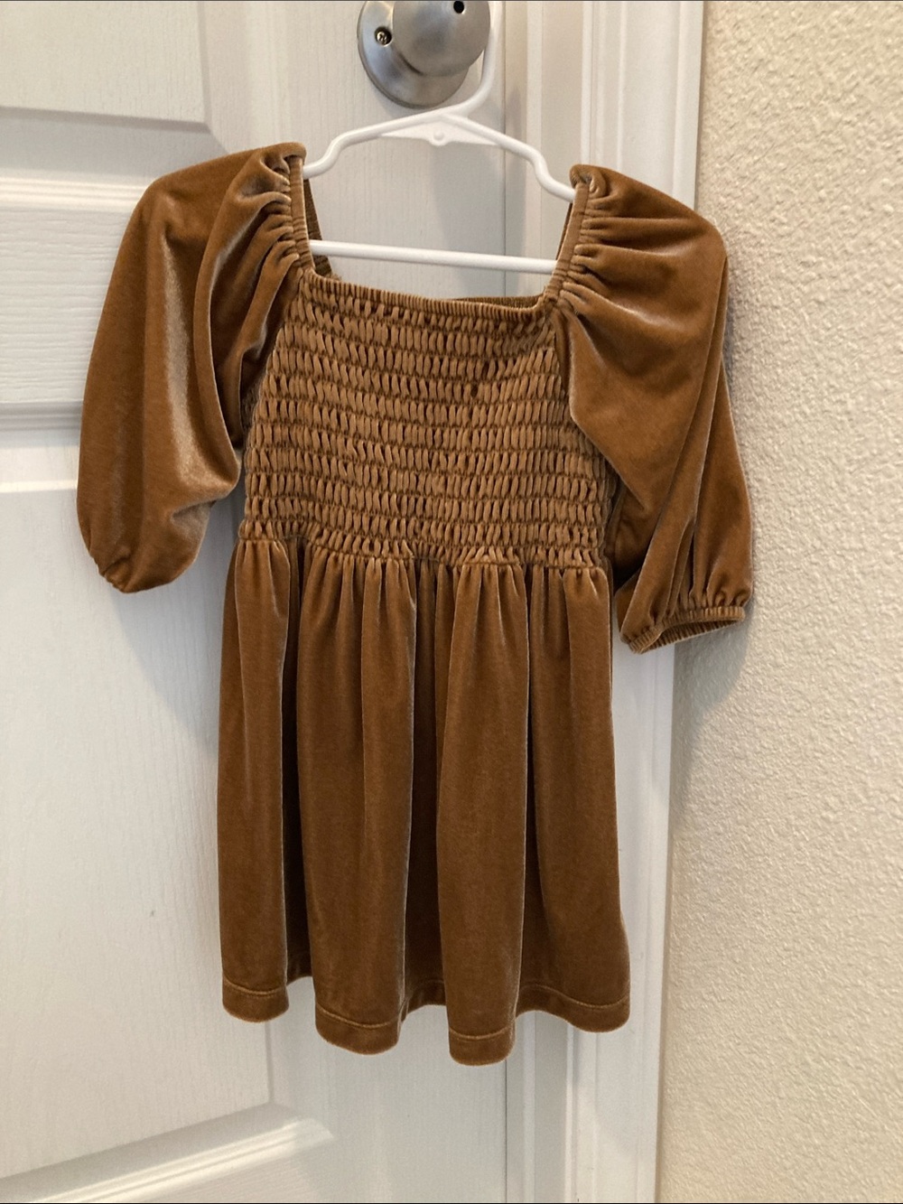 Girls Velvet Smocked Puff Sleeve Dress - Brown